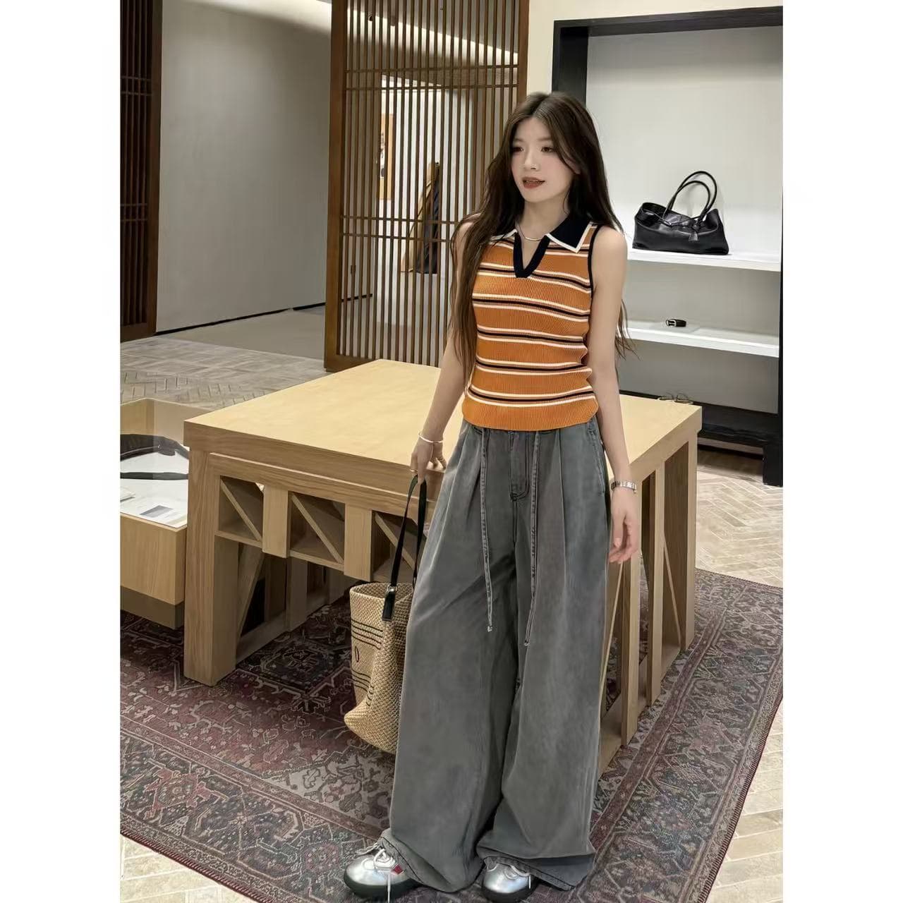 프랑스식 레트로 스타일 스트라이프 폴로 칼라 니트 조끼 여성 여름 새로운 핫걸 몸매 가꾸기 슬림해 보이는 다용도 민소매 맨위 상세 이미지 5