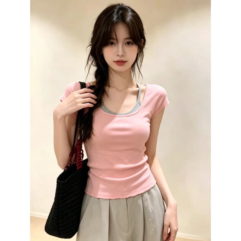 섹시함 백리스 페이크 레이어드 배색 반팔 티셔츠 여성 2026 여름 새로운 몸매 가꾸기 고유 한 Chic 연령 감소 맨위 상세 이미지 6