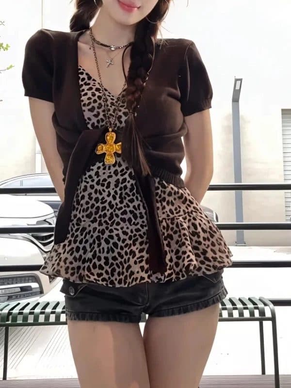 항구 바람 레트로 레오파드 무늬 슬립 반팔 오픈 가디건 여성 스트랩 투피스 세트 여름 새로운 허리 수축 슬림해 보이는 다용도 맨위 이미지 3