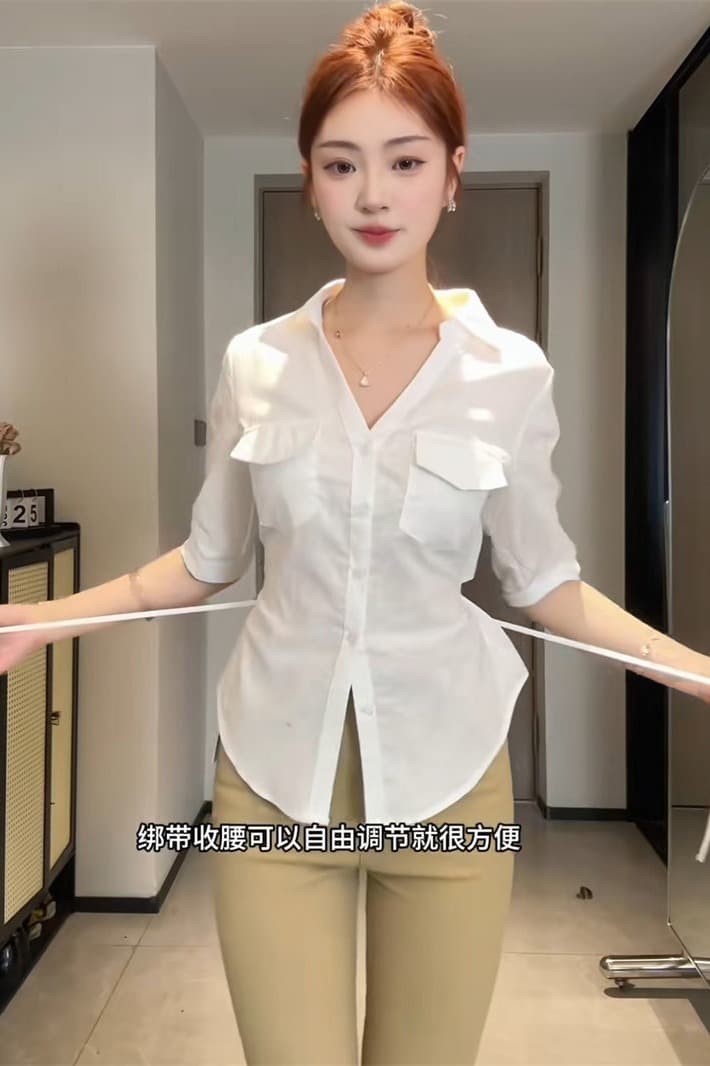 한 부서 착용 가져 가라. POLO 칼라 5 점 소매 여성 셔츠 여름 디자인 센스 작은 대중 뒤로 스트랩 허리 수축 품격 셔츠 이미지 7