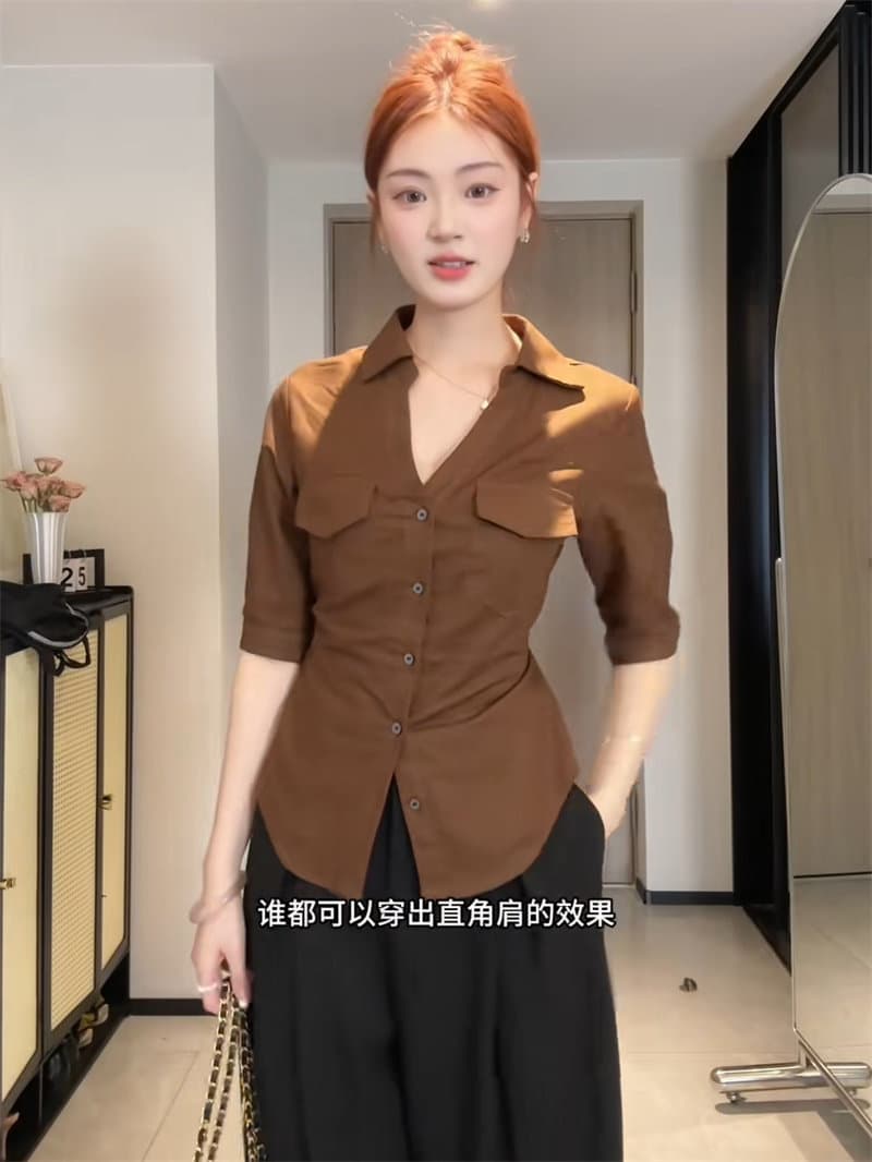 한 부서 착용 가져 가라. POLO 칼라 5 점 소매 여성 셔츠 여름 디자인 센스 작은 대중 뒤로 스트랩 허리 수축 품격 셔츠 상세 이미지 2