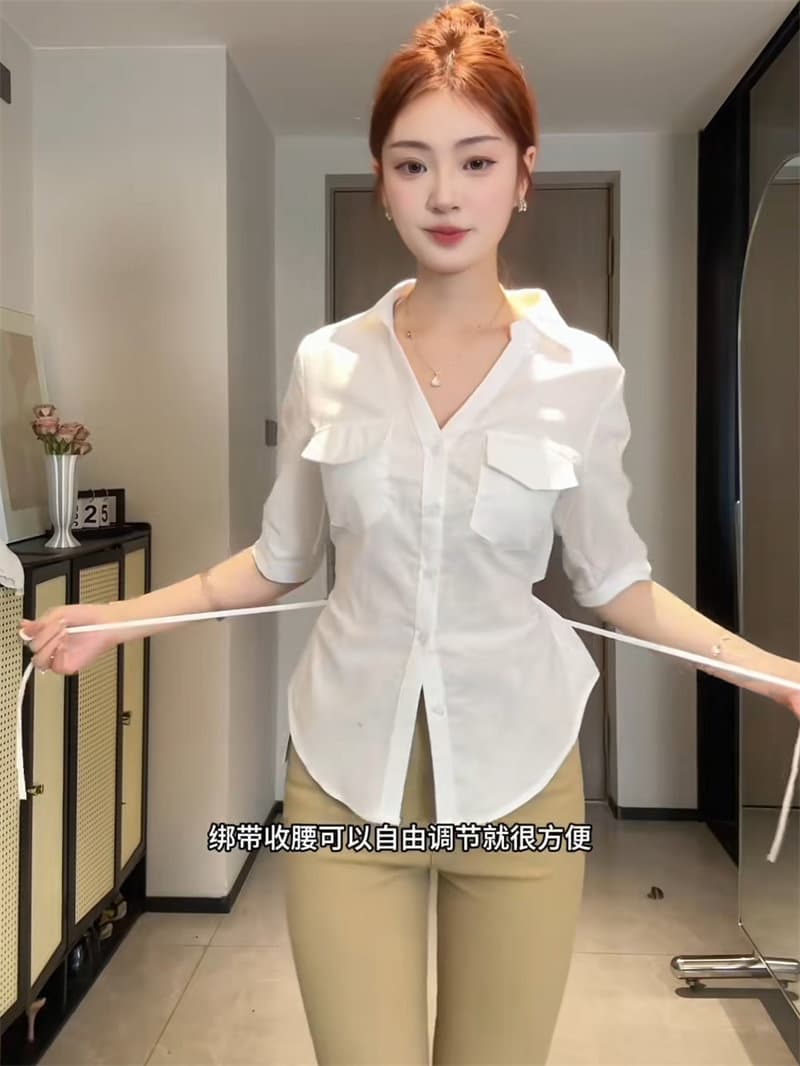 한 부서 착용 가져 가라. POLO 칼라 5 점 소매 여성 셔츠 여름 디자인 센스 작은 대중 뒤로 스트랩 허리 수축 품격 셔츠 상세 이미지 3