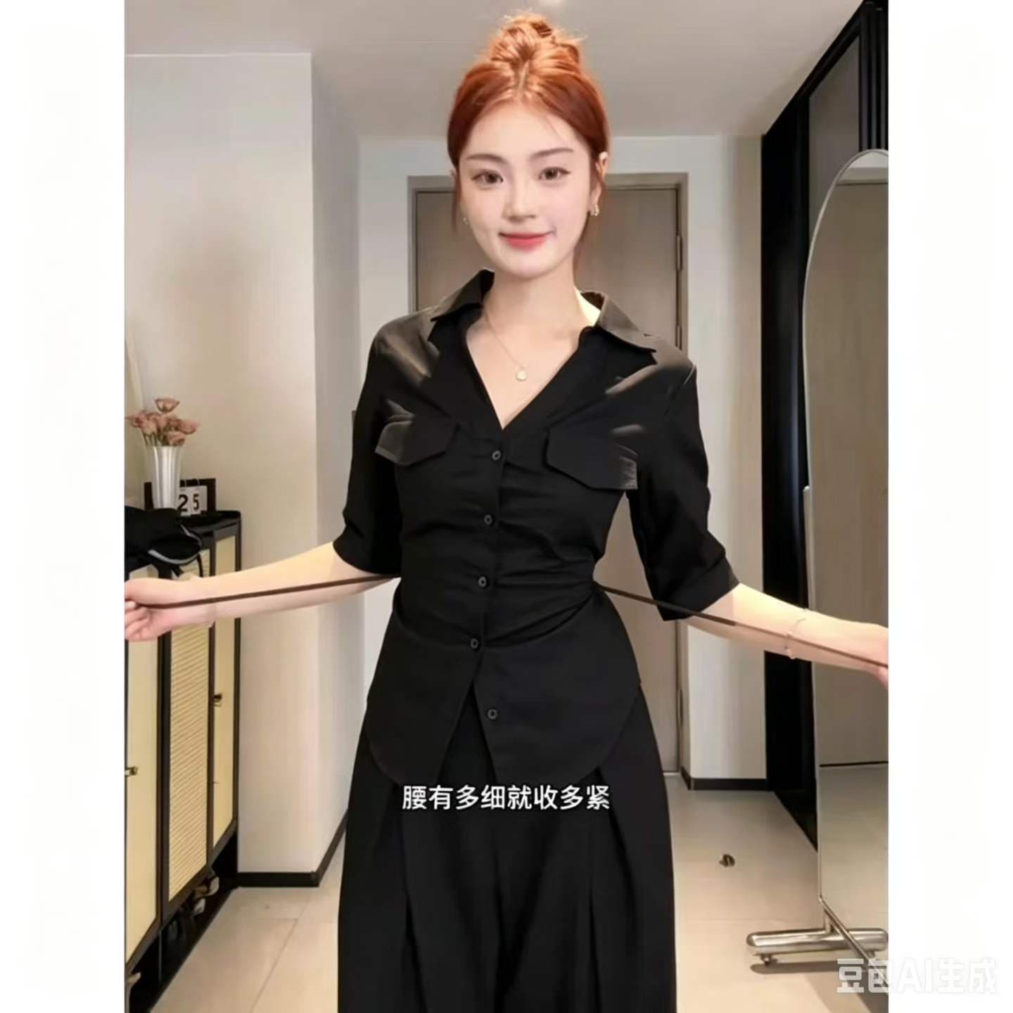 한 부서 착용 가져 가라. POLO 칼라 5 점 소매 여성 셔츠 여름 디자인 센스 작은 대중 뒤로 스트랩 허리 수축 품격 셔츠 상세 이미지 5