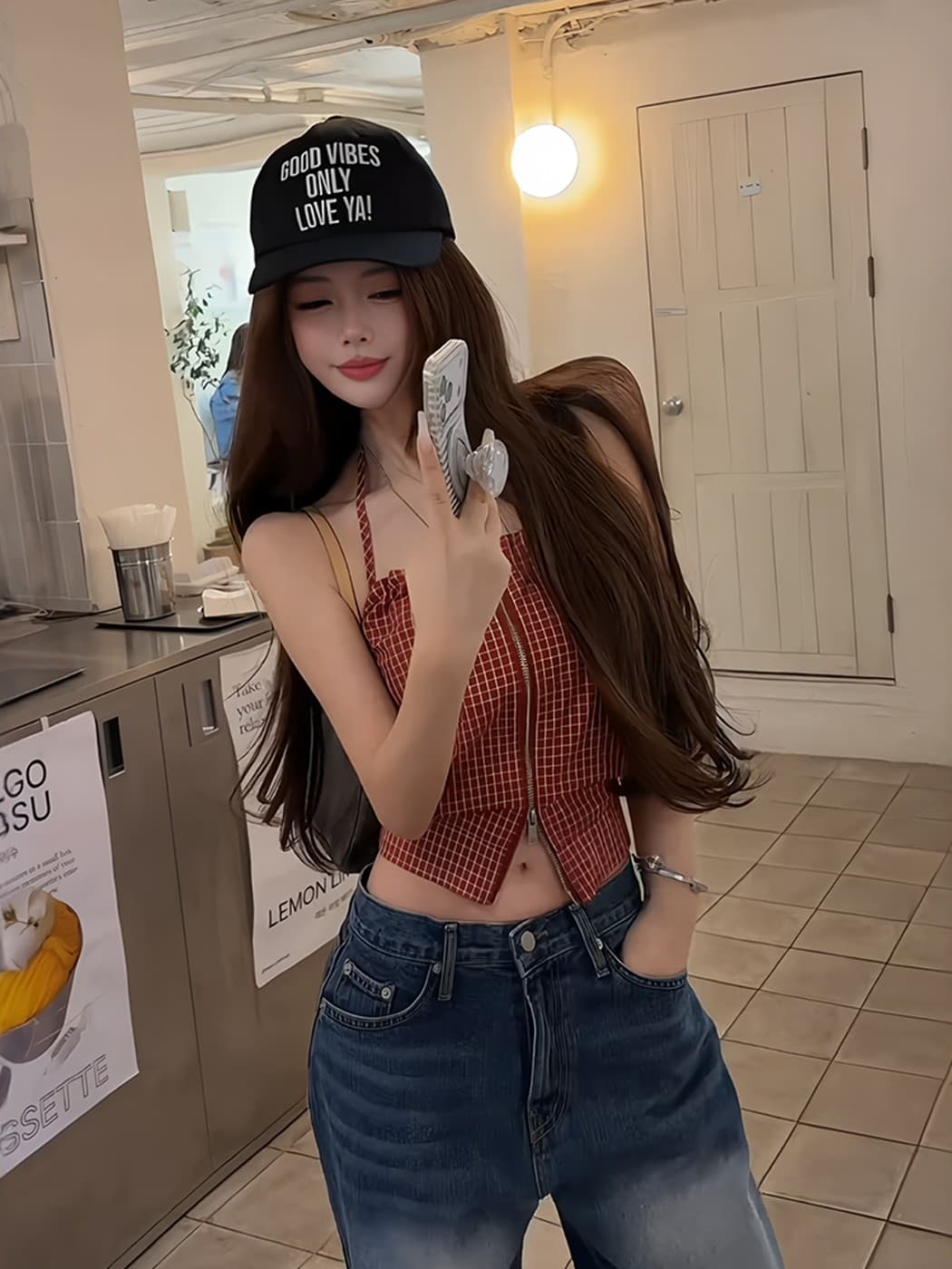 레트로 핫걸 바람 빨간색 체크무늬 행침 목 캐미솔 여름 새로운 지퍼 디자인 섹시함 외출용 맨위 이미지 3