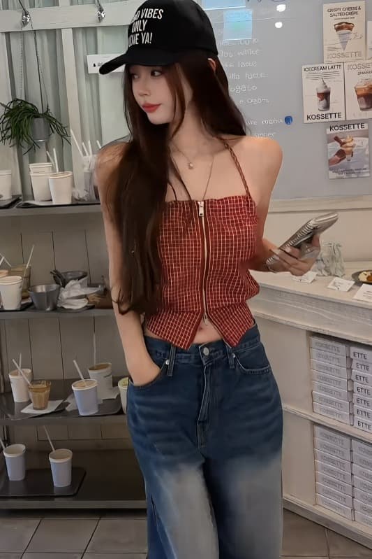 레트로 핫걸 바람 빨간색 체크무늬 행침 목 캐미솔 여름 새로운 지퍼 디자인 섹시함 외출용 맨위 이미지 6