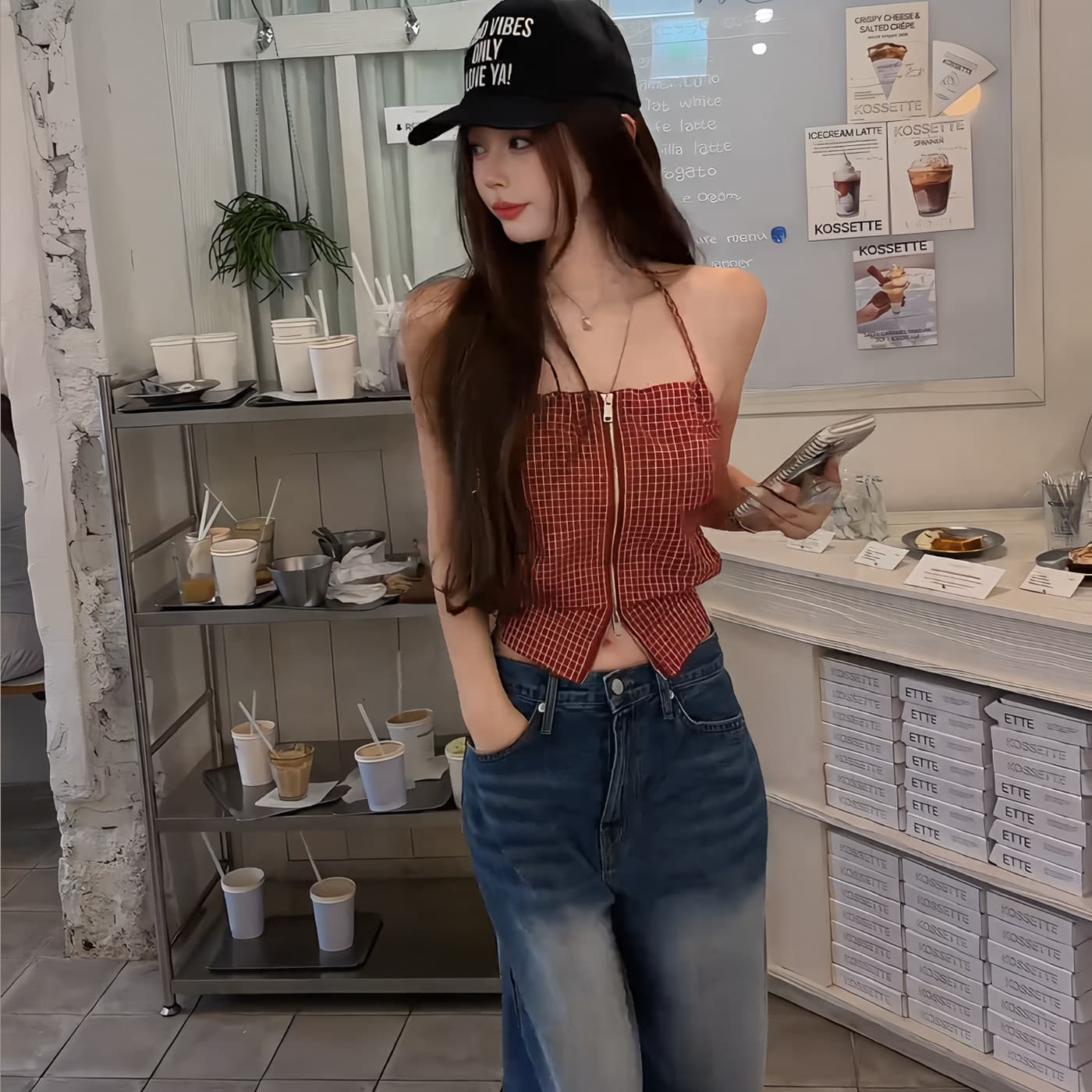 레트로 핫걸 바람 빨간색 체크무늬 행침 목 캐미솔 여름 새로운 지퍼 디자인 섹시함 외출용 맨위 상세 이미지 1