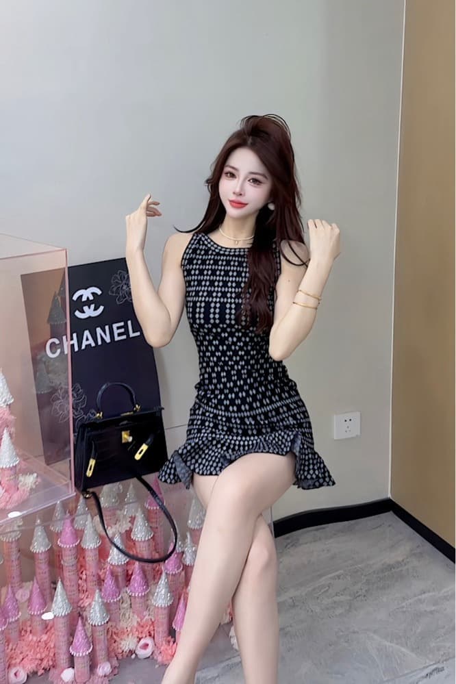 프랑스식 레트로 기하학 도트 무늬 민소매 허리 수축 슬림해 보이는 인어 꼬리 여성 드레스 이미지 7