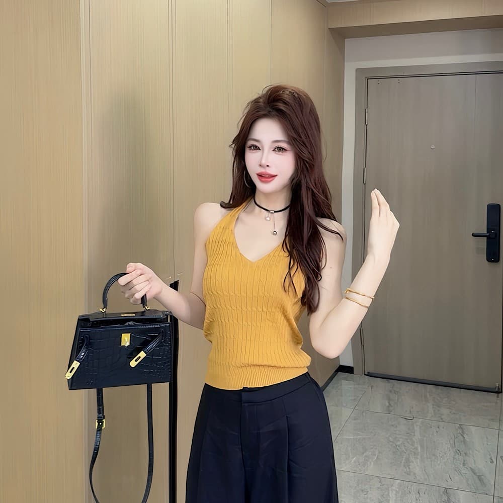 새로운 패션 디자인 센스 행침 목 레이스업 니트 조끼 여성