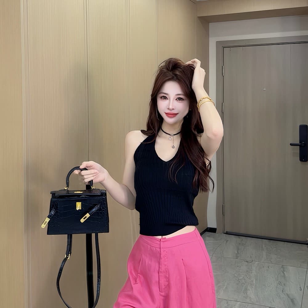 새로운 패션 디자인 센스 행침 목 레이스업 니트 조끼 여성 이미지 2