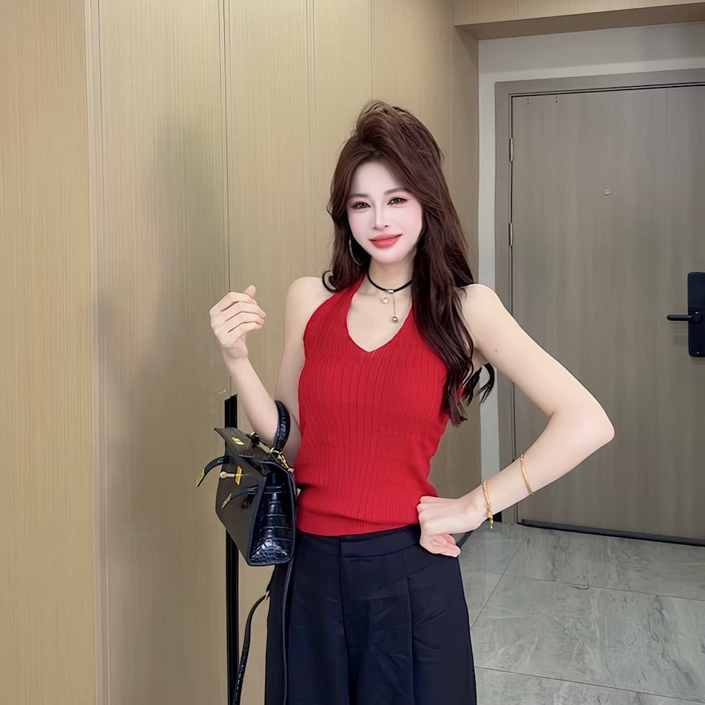 새로운 패션 디자인 센스 행침 목 레이스업 니트 조끼 여성 이미지 3