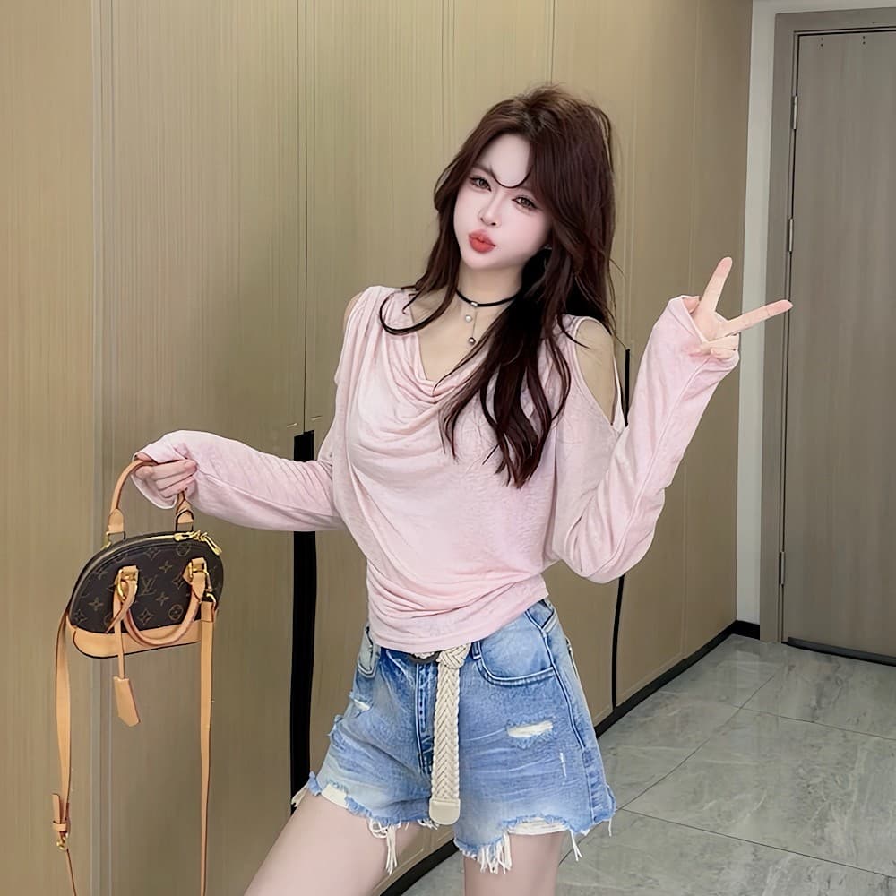 패션 신제품 디자인 센스 흔들다 칼라 오프숄더 긴팔 자외선 차단 맨위 여성