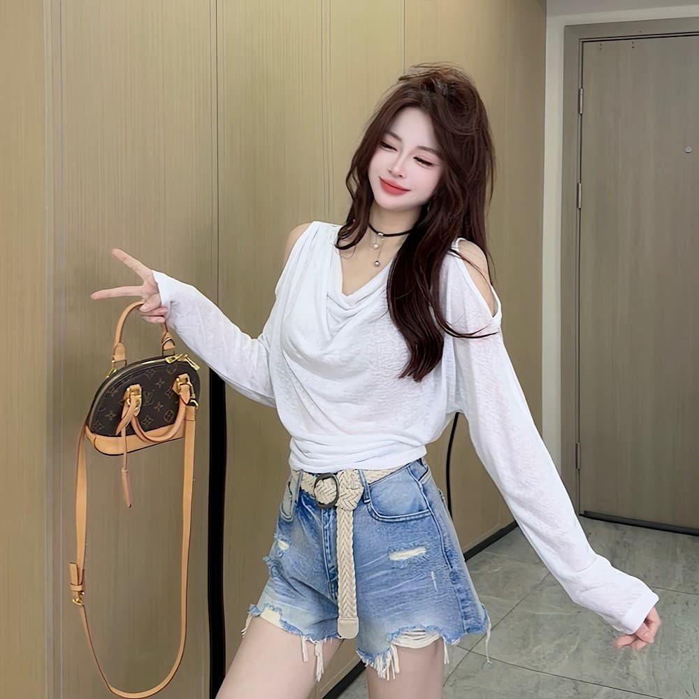 패션 신제품 디자인 센스 흔들다 칼라 오프숄더 긴팔 자외선 차단 맨위 여성 이미지 4