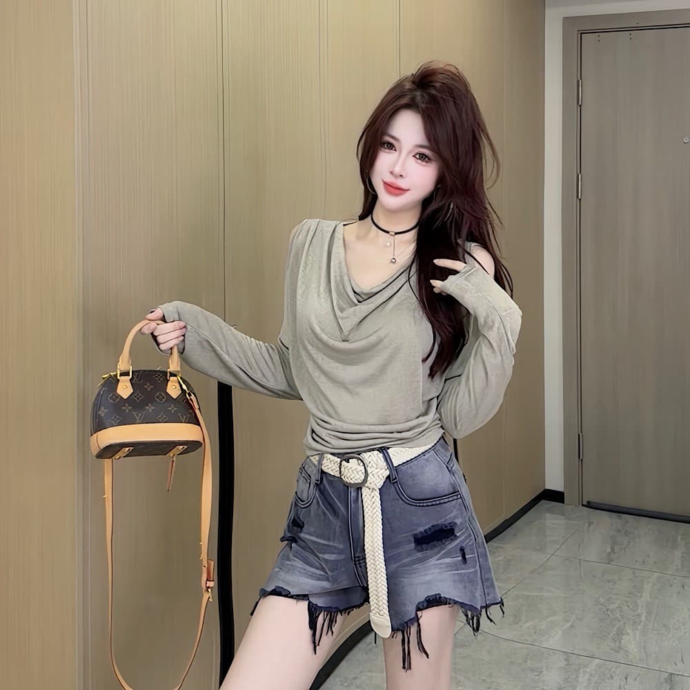 패션 신제품 디자인 센스 흔들다 칼라 오프숄더 긴팔 자외선 차단 맨위 여성 이미지 5