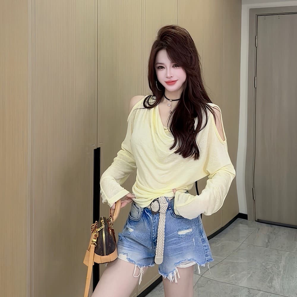 패션 신제품 디자인 센스 흔들다 칼라 오프숄더 긴팔 자외선 차단 맨위 여성 이미지 3