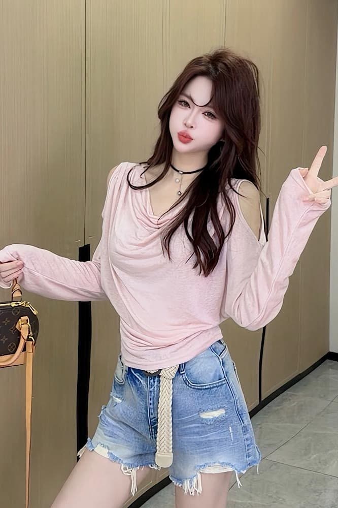 패션 신제품 디자인 센스 흔들다 칼라 오프숄더 긴팔 자외선 차단 맨위 여성 이미지 6