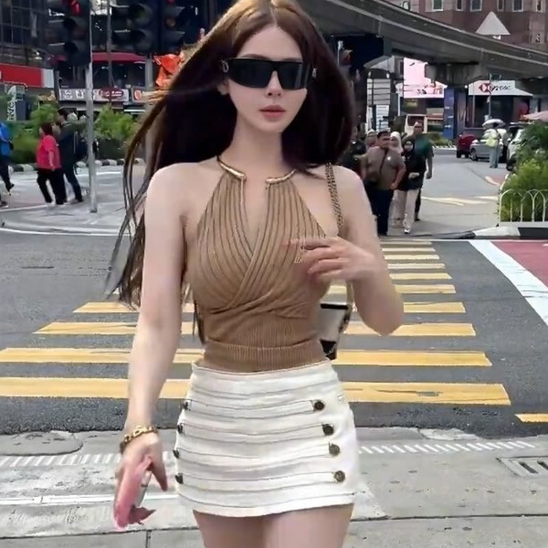 순수한 욕망 니트 행침 목 캐미솔 여름 새로운 명문 여성 바람 쇼트 스타일 품격 허리 수축 섹시함 핫걸 맨위 이미지 5