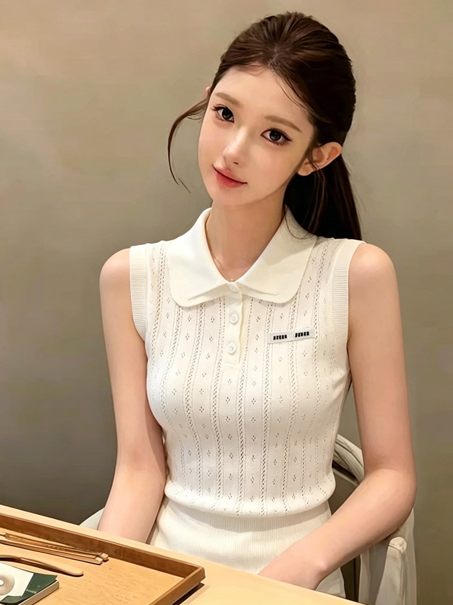 부드러운 바람 홀로우 아웃 POLO 칼라 니트 조끼 여성 민소매 여름 2026 새로운 달콤한 핫걸 슬림해 보이는 화이트 맨위 이미지 2