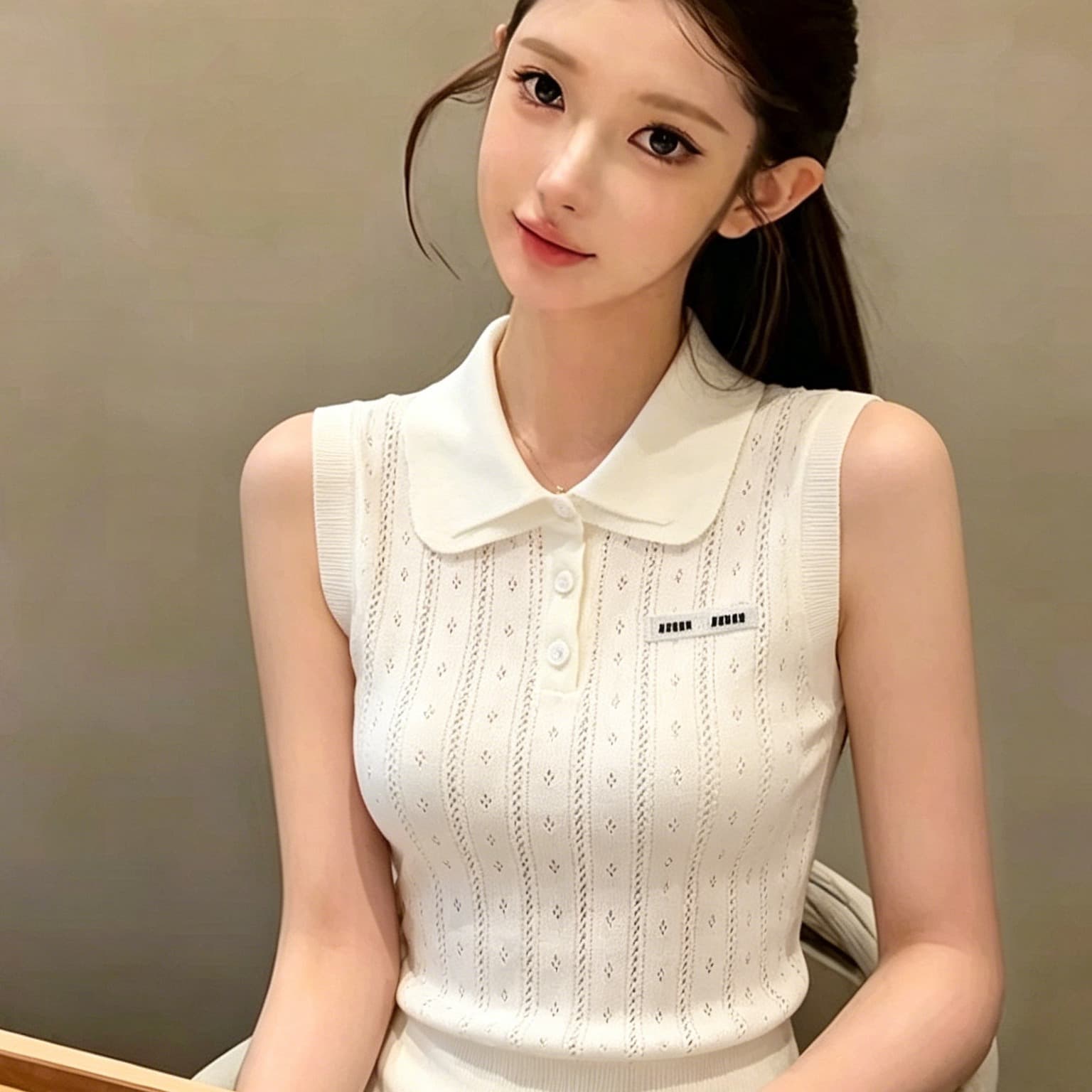 부드러운 바람 홀로우 아웃 POLO 칼라 니트 조끼 여성 민소매 여름 2026 새로운 달콤한 핫걸 슬림해 보이는 화이트 맨위 이미지 6