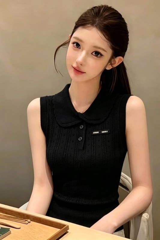 부드러운 바람 홀로우 아웃 POLO 칼라 니트 조끼 여성 민소매 여름 2026 새로운 달콤한 핫걸 슬림해 보이는 화이트 맨위 이미지 7