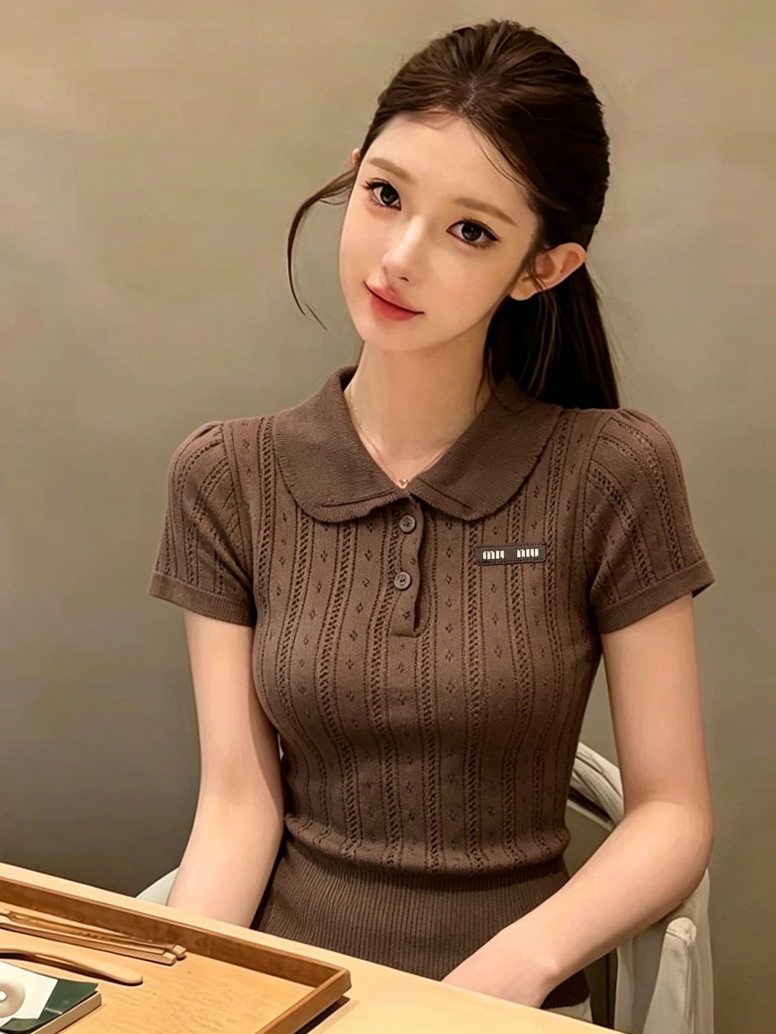 아름다움 라드. POLO 칼라 반팔 니트 스웨터 여성 2026 여름 새로운 품격 연령 감소 슬림해 보이는 고급 센스 작은 맨위 이미지 2