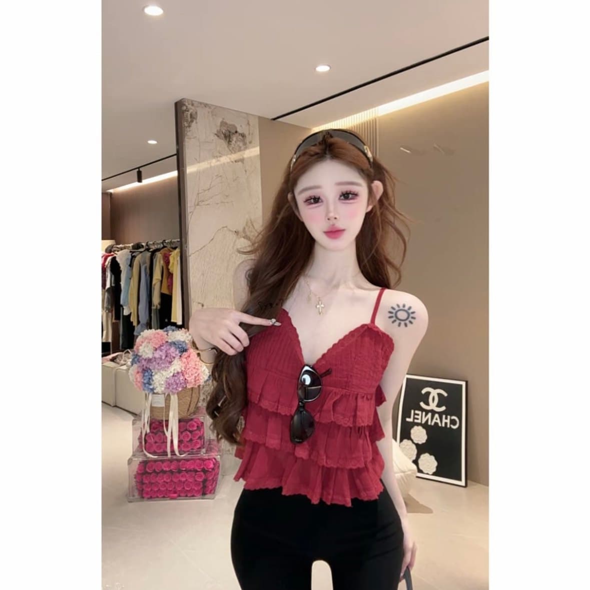 한 부서 작은 청신 달콤함 레이스 패치워크 프릴 디자인 센스 여름 다용도 외국 가스 연령 감소 캐미솔