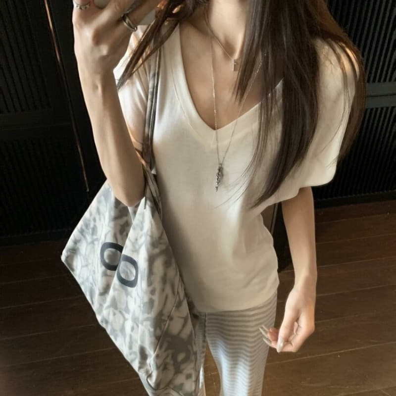 화이트 V넥 반팔 티셔츠 여성 여름 프랑스식 한 부서 루즈핏 슬림해 보이는 품격 캐주얼 느긋한 바람 느슨함 센스 맨위 이미지 5