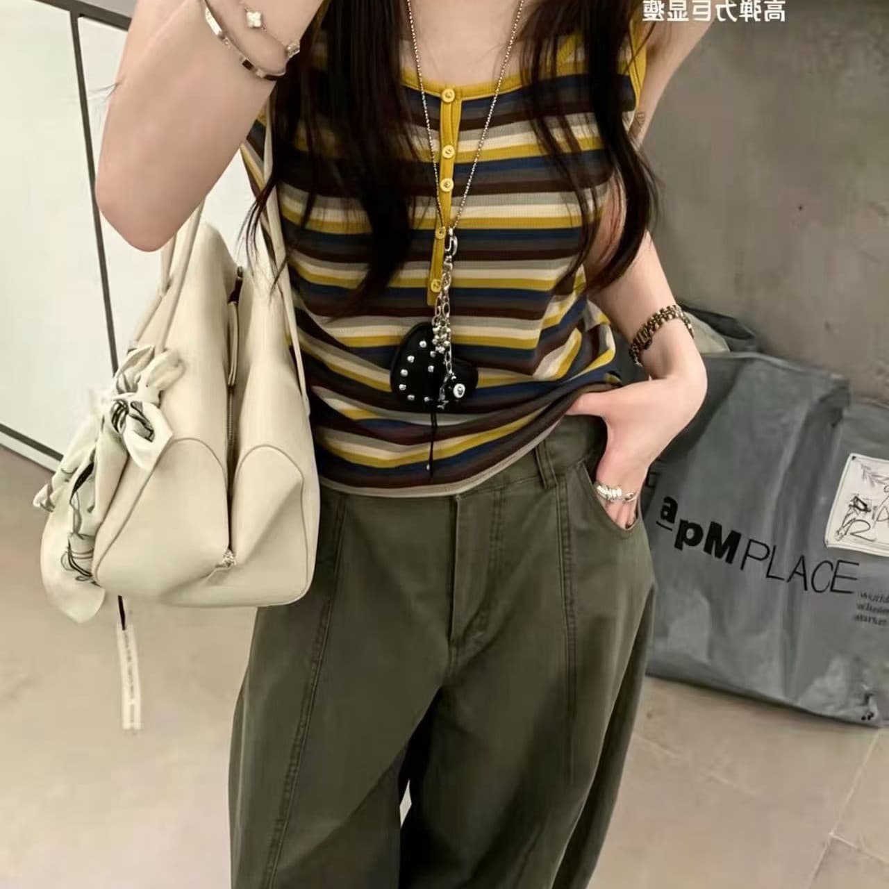 여름 켜기 새로운 한 부서 레트로 배색 스트라이프 디자인 조끼 슬립 패치워크 색상 신축성 인사이드 잡아라. 의류 여성 디자인 센스 이미지 3