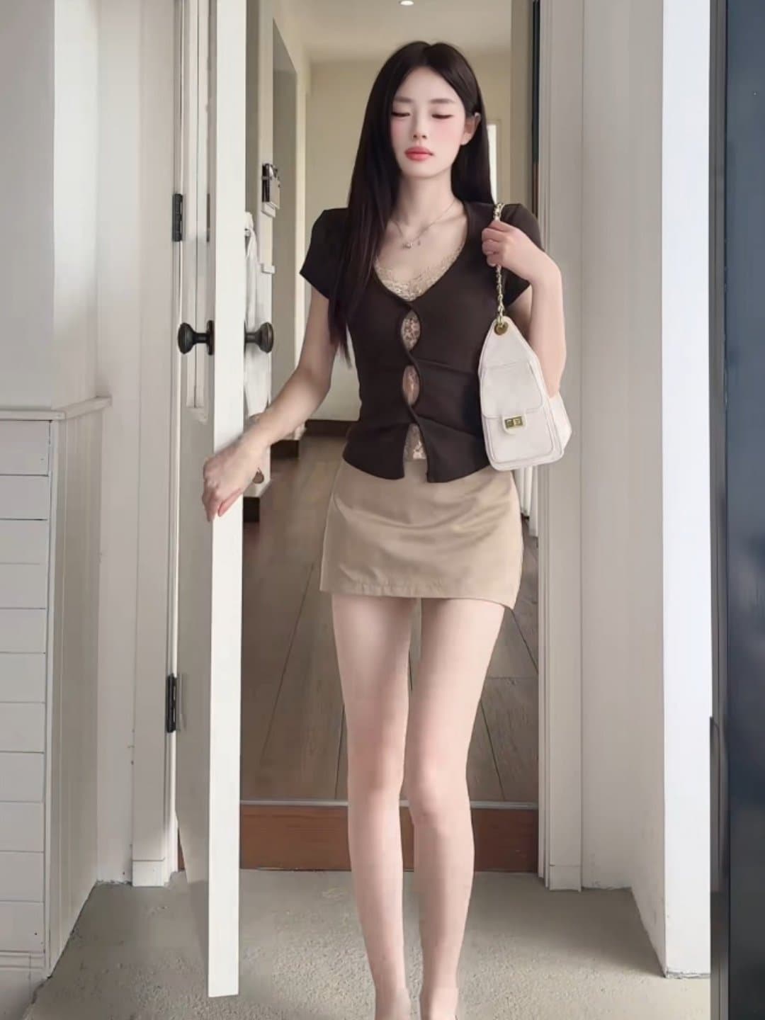 커피 색상 페이크 레이어드 레이스 조각 반팔 티셔츠 여성 여름 아메리칸 작은 키 핫걸 허리 수축 고유 한 아름다운 맨위 이미지 4