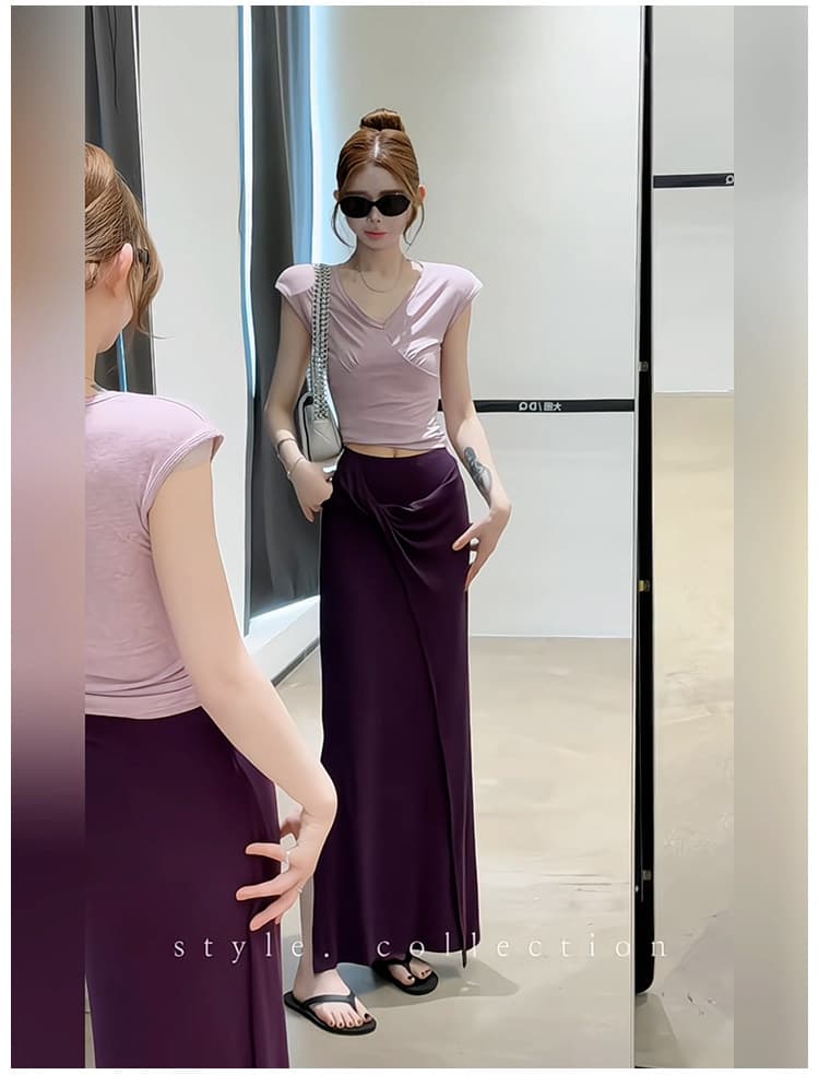 순수한 욕망 바람 V넥 작은 날다 소매 몸매 가꾸기 슬림해 보이는 티셔츠 여성 여름 새로운 불규칙 트임 비틀림 반신 치마 세트 상세 이미지 5