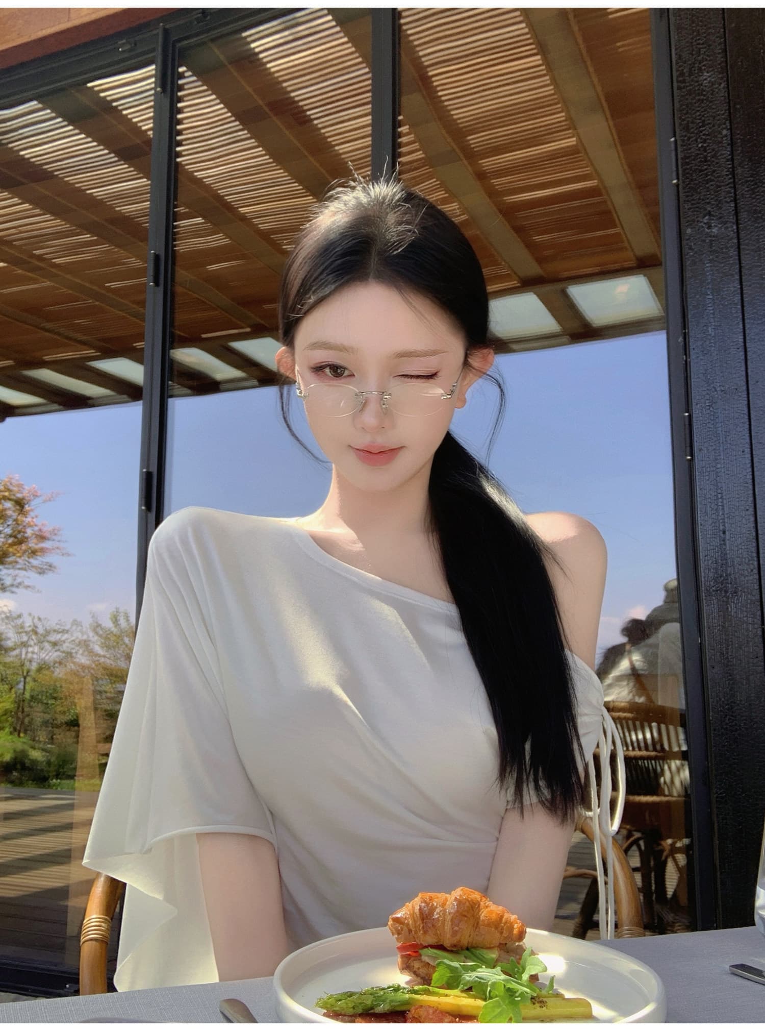 가면 차가운 tee 디자인 센스 비스듬한 어깨 비대칭 맨위 여성 상세 이미지 23