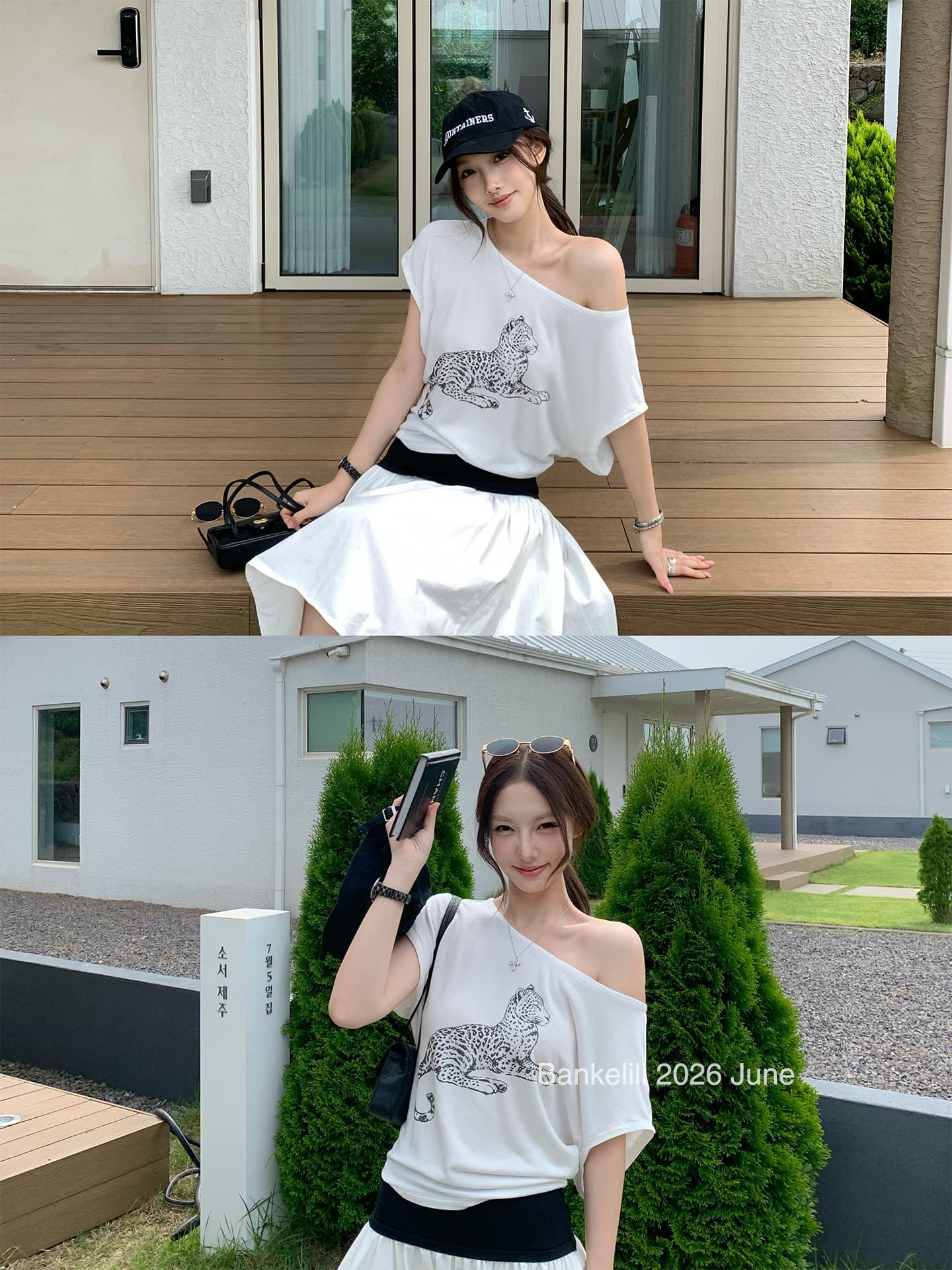 밤나무 코코아 bankelili 느긋한 표범 표범 82 블루 좋은 모달 주간 실크 양모 레오파드 무늬 비스듬한 어깨 티셔츠 여성 이미지 4