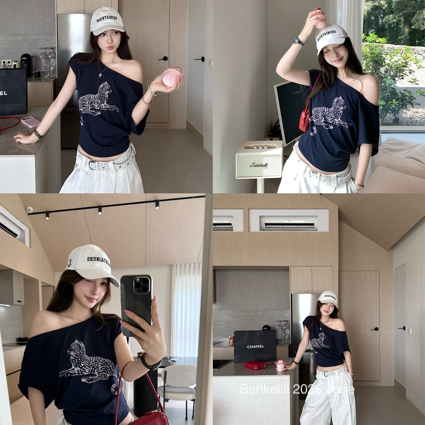 밤나무 코코아 bankelili 느긋한 표범 표범 82 블루 좋은 모달 주간 실크 양모 레오파드 무늬 비스듬한 어깨 티셔츠 여성 이미지 6