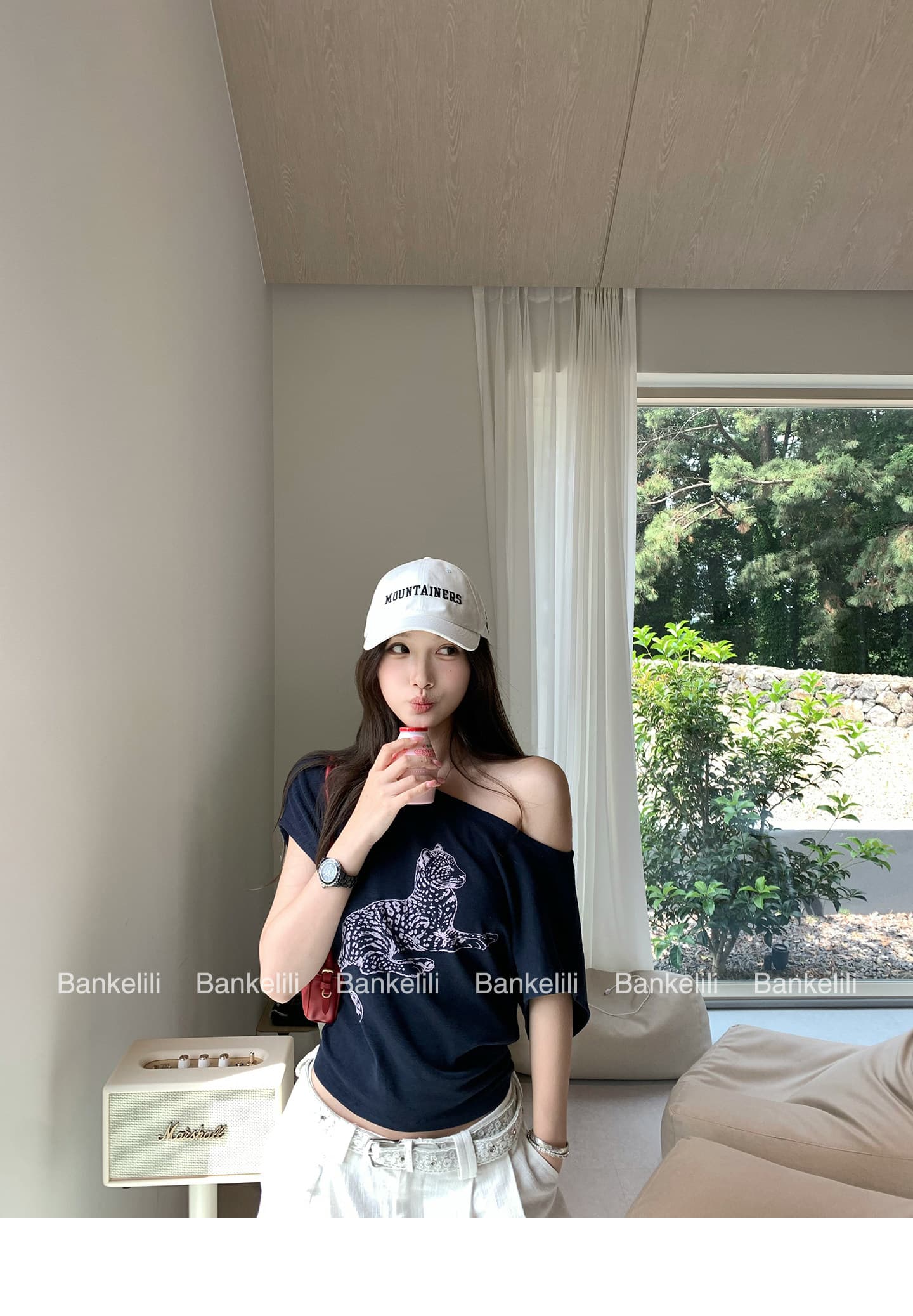 밤나무 코코아 bankelili 느긋한 표범 표범 82 블루 좋은 모달 주간 실크 양모 레오파드 무늬 비스듬한 어깨 티셔츠 여성 상세 이미지 3