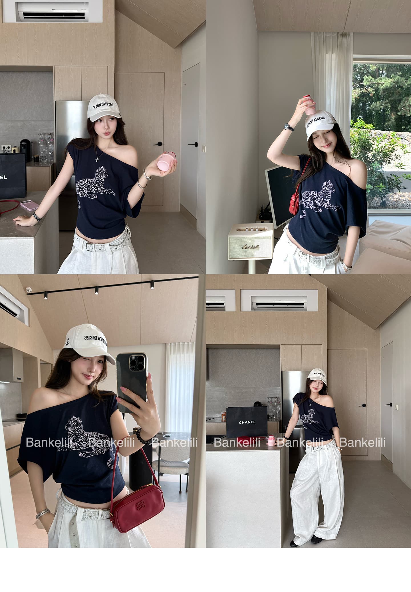 밤나무 코코아 bankelili 느긋한 표범 표범 82 블루 좋은 모달 주간 실크 양모 레오파드 무늬 비스듬한 어깨 티셔츠 여성 상세 이미지 6