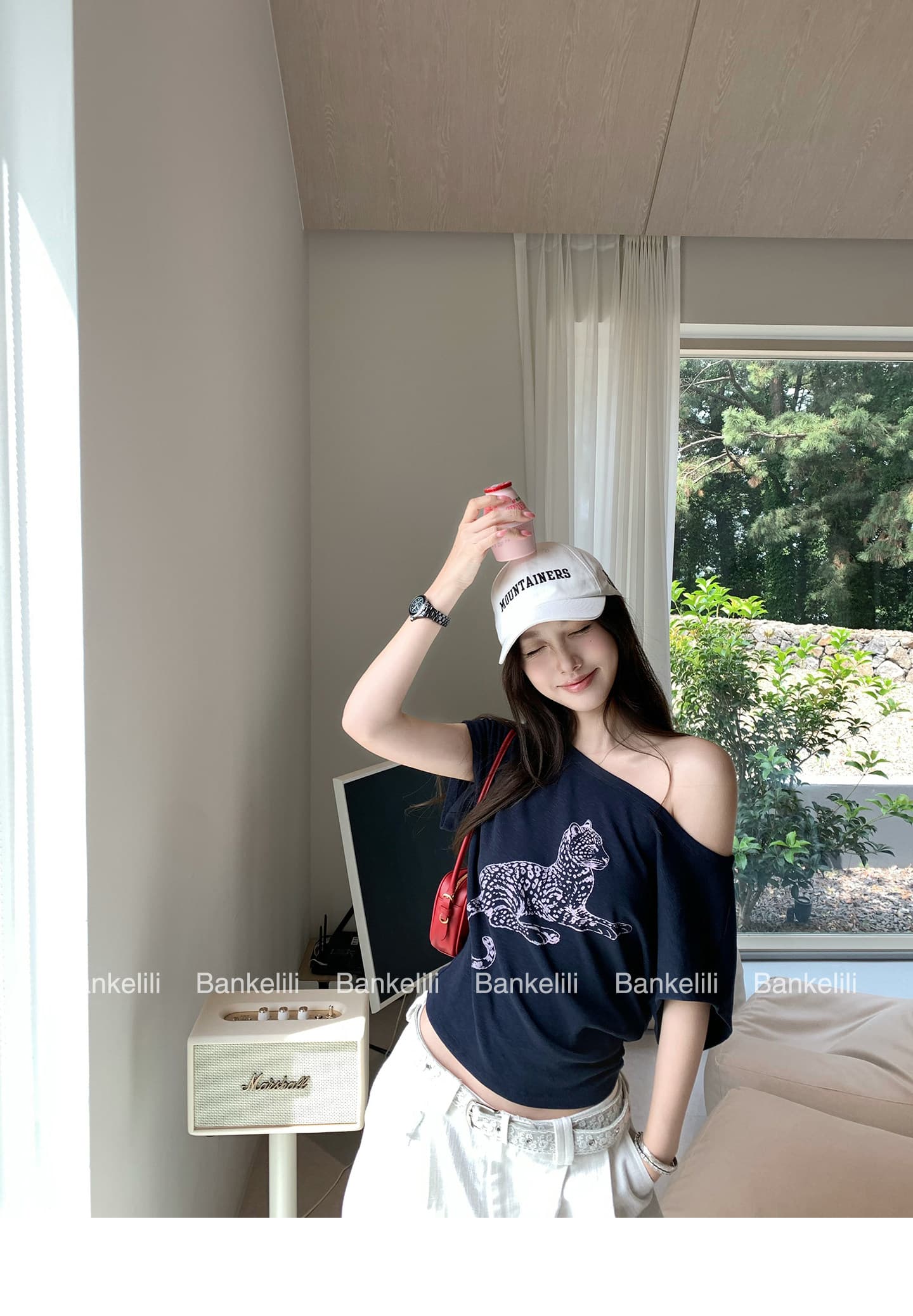 밤나무 코코아 bankelili 느긋한 표범 표범 82 블루 좋은 모달 주간 실크 양모 레오파드 무늬 비스듬한 어깨 티셔츠 여성 상세 이미지 10