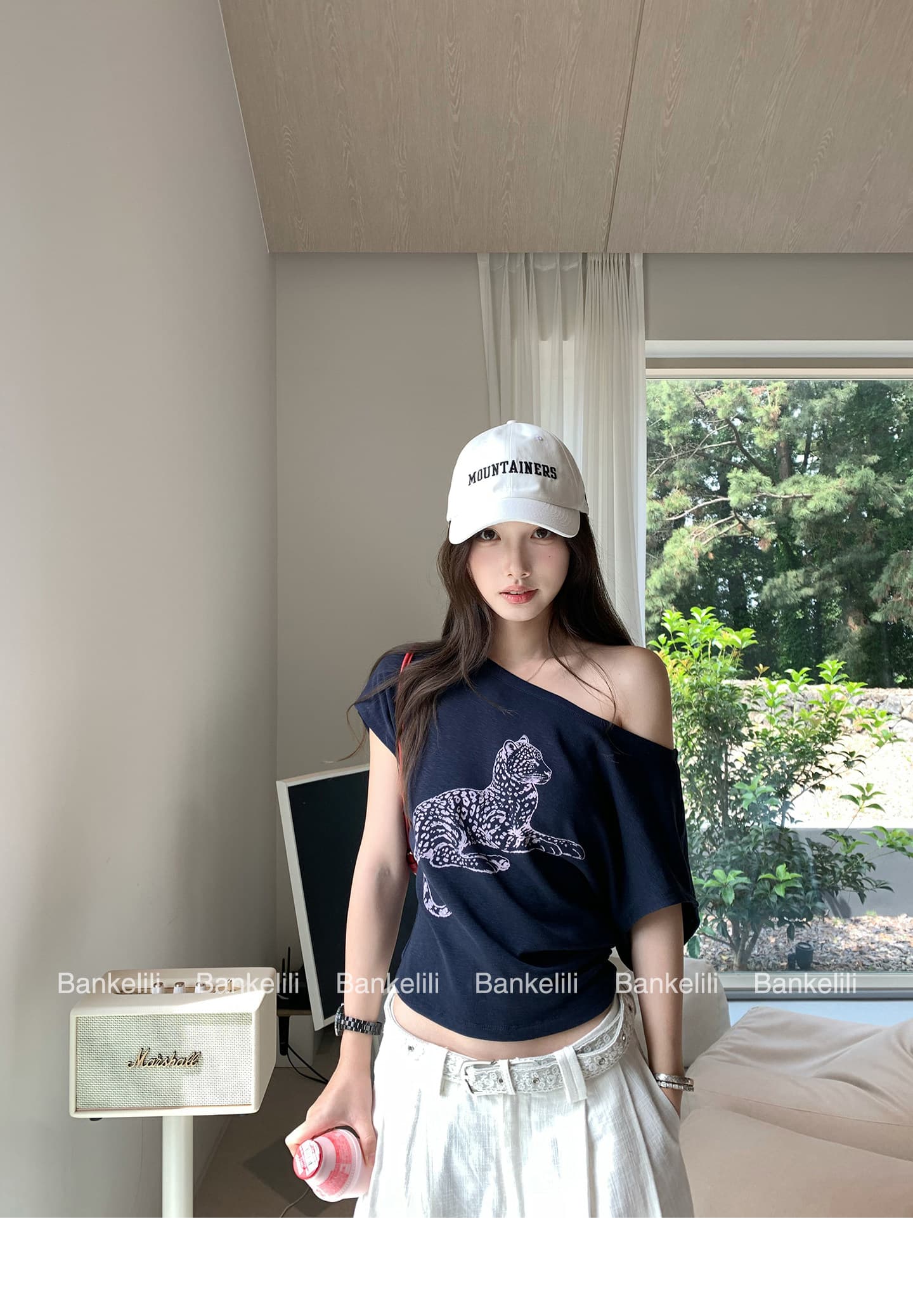 밤나무 코코아 bankelili 느긋한 표범 표범 82 블루 좋은 모달 주간 실크 양모 레오파드 무늬 비스듬한 어깨 티셔츠 여성 상세 이미지 12
