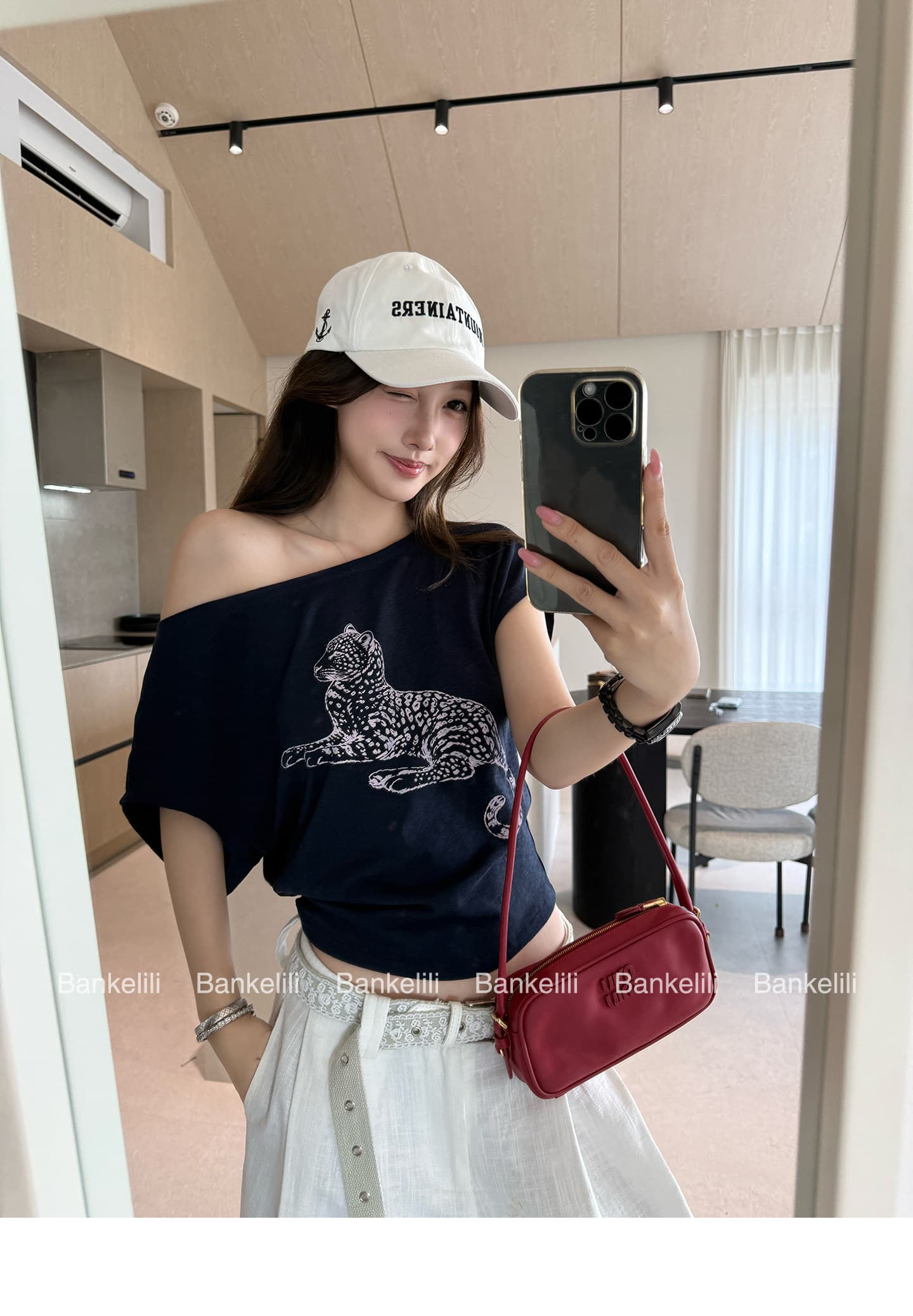 밤나무 코코아 bankelili 느긋한 표범 표범 82 블루 좋은 모달 주간 실크 양모 레오파드 무늬 비스듬한 어깨 티셔츠 여성 상세 이미지 15