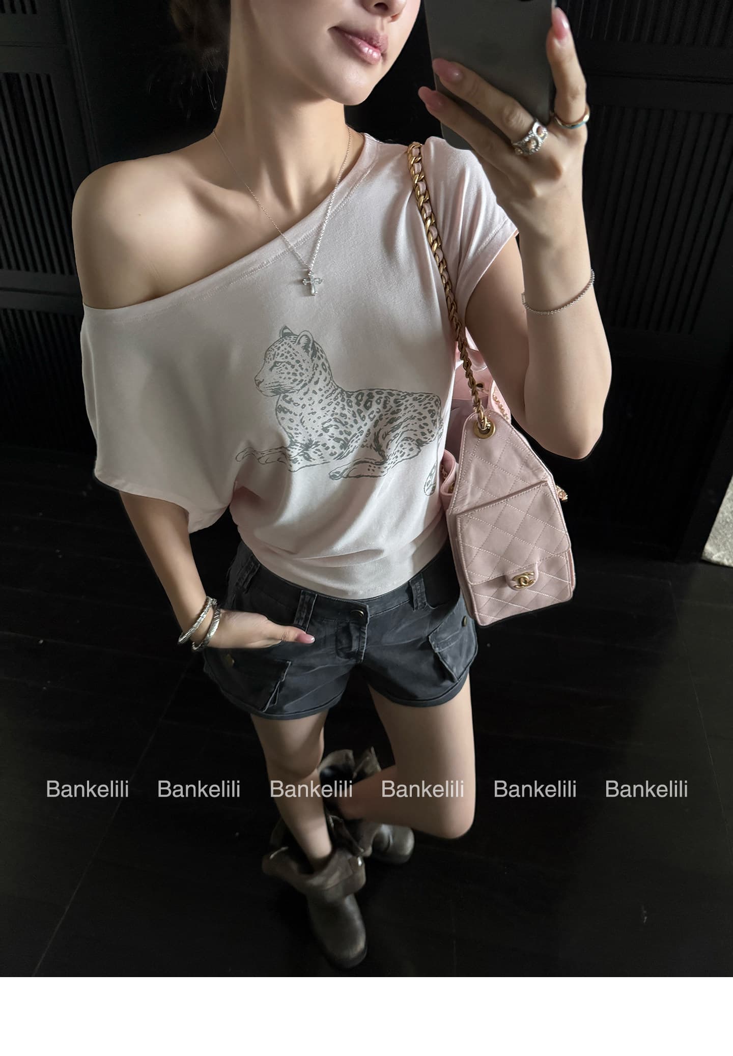 밤나무 코코아 bankelili 느긋한 표범 표범 82 블루 좋은 모달 주간 실크 양모 레오파드 무늬 비스듬한 어깨 티셔츠 여성 상세 이미지 47