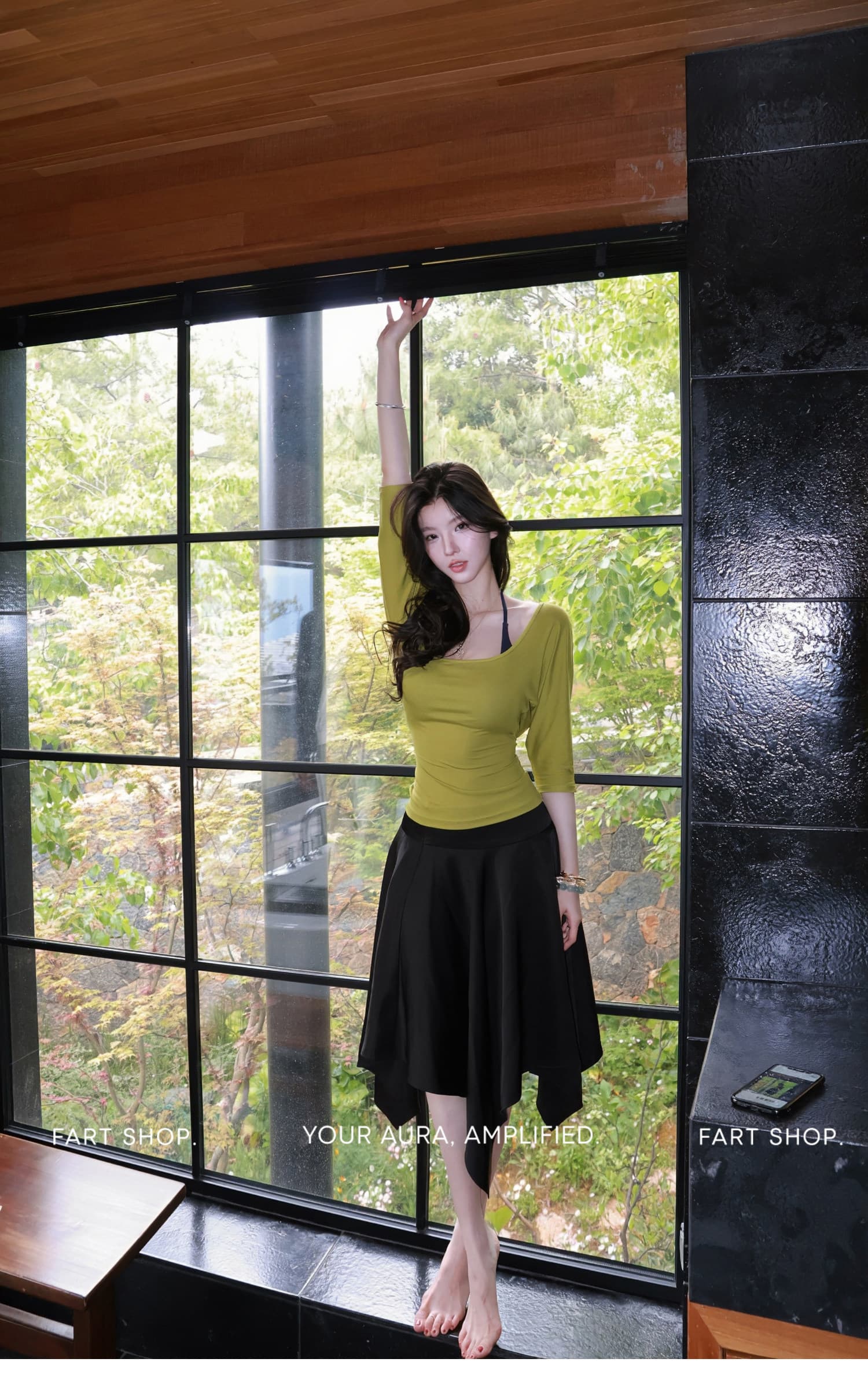 산 목가적 인 라이 경기 서울 라운드 넥 높음 폭탄 7부 소매 티셔츠 여성 봄 여름 허리 수축 맨위 상세 이미지 2