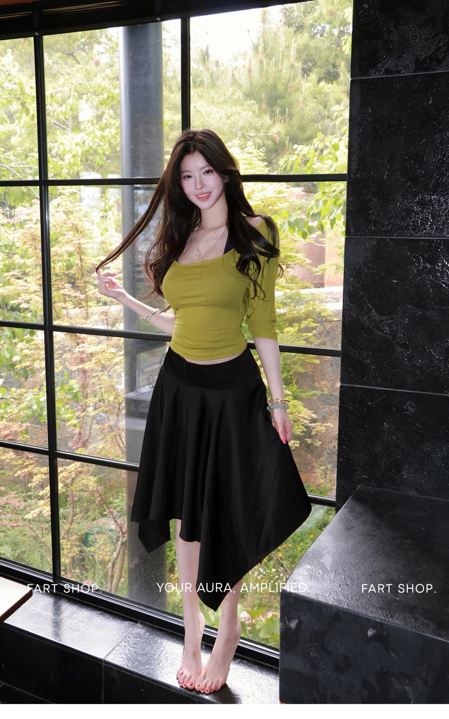 산 목가적 인 라이 경기 서울 라운드 넥 높음 폭탄 7부 소매 티셔츠 여성 봄 여름 허리 수축 맨위 상세 이미지 4