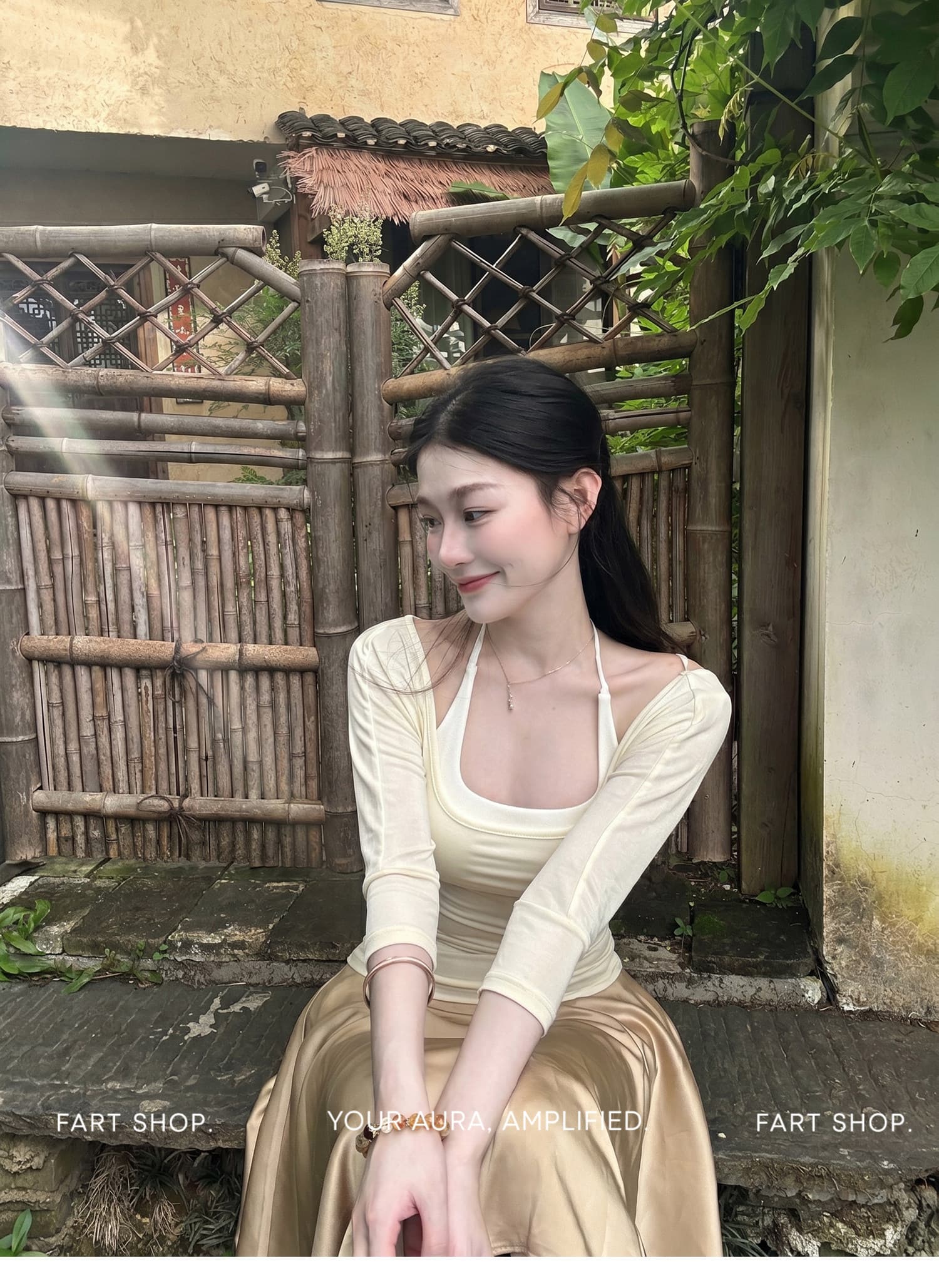 산 목가적 인 라이 경기 서울 라운드 넥 높음 폭탄 7부 소매 티셔츠 여성 봄 여름 허리 수축 맨위 상세 이미지 10