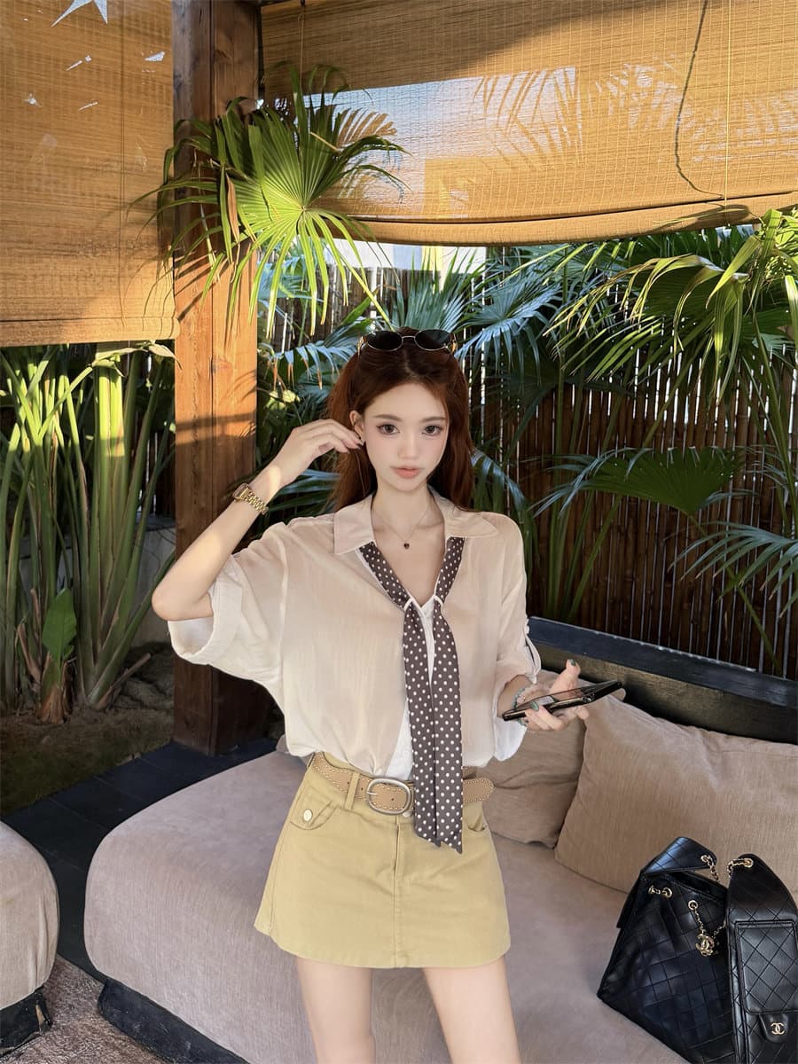 프랑스식 캐주얼 도트 무늬 이리저리 떠다니다 벨트 폴로 칼라 반팔 여성 셔츠 여름 2026 새로운 상세 이미지 6