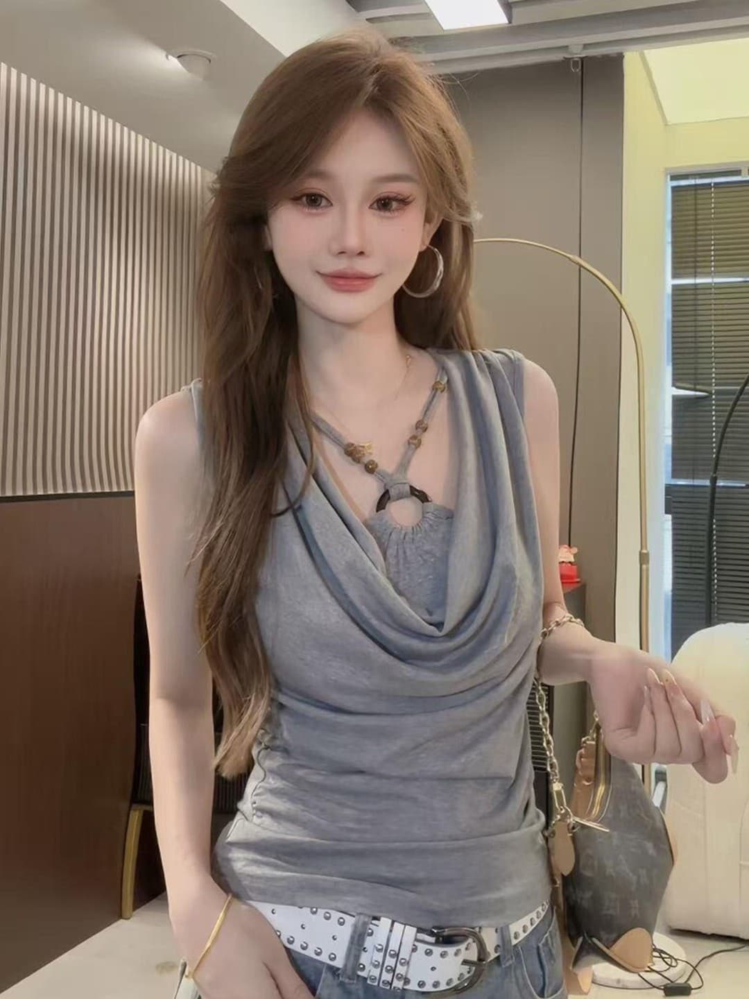 순수한 욕망 섹시함 흔들다 칼라 행침 목 민소매 조끼 여성 여름 외출용 2026 새로운 올해 폭발 프랑스식 아름다운 맨위 상세 이미지 6