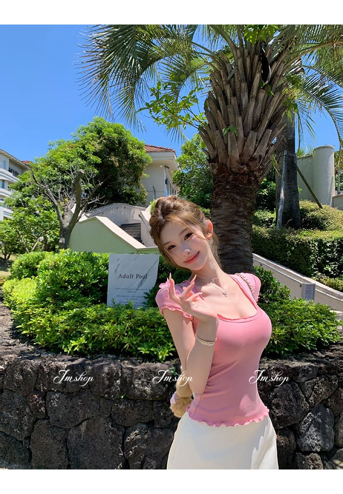 u 칼라 물결무늬 측면 반팔 티셔츠 여성 여름 프랑스식 몸매 가꾸기 디자인 센스 순수한 욕망 섹시함 핫걸 쇼트 스타일 맨위 상세 이미지 10