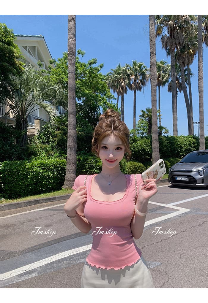 u 칼라 물결무늬 측면 반팔 티셔츠 여성 여름 프랑스식 몸매 가꾸기 디자인 센스 순수한 욕망 섹시함 핫걸 쇼트 스타일 맨위 상세 이미지 11