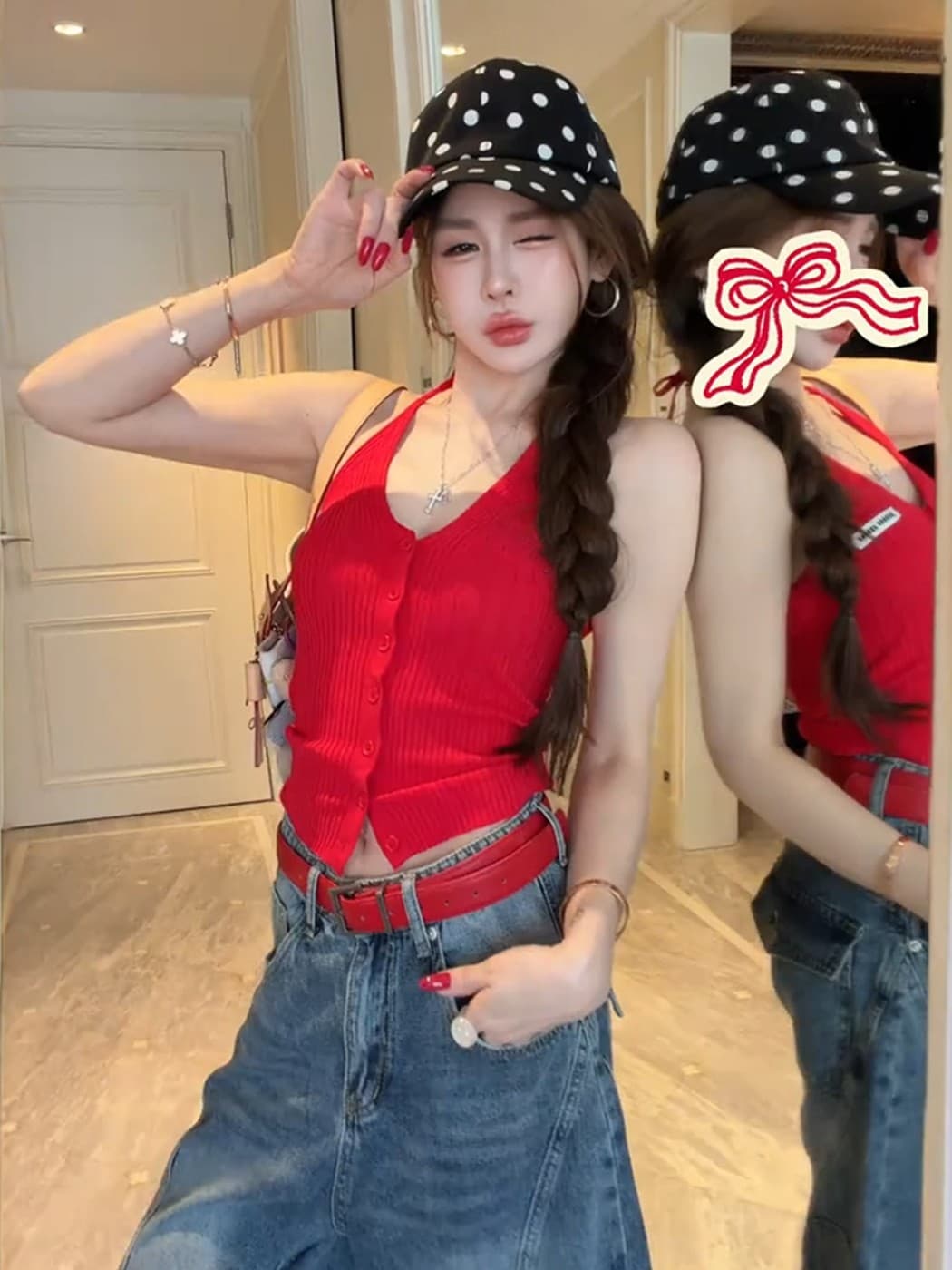 핫걸 행침 목 V넥 빨간색 니트 캐미솔 여름 디자인 센스 슬림해 보이는 쇼트 스타일 인사이드 가져 가라. 외출용 맨위 이미지 2