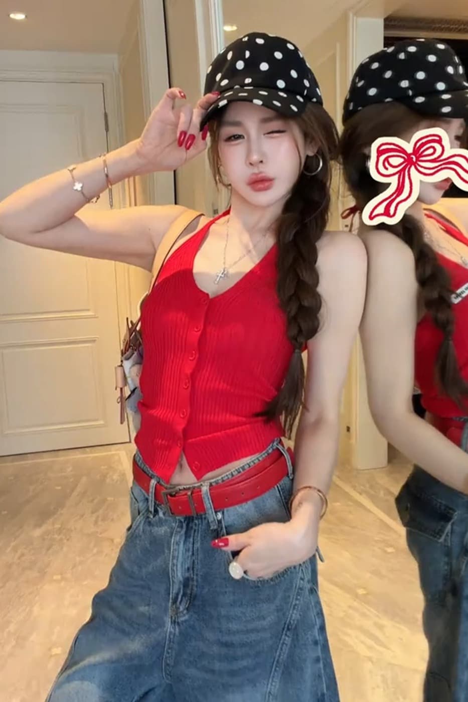 핫걸 행침 목 V넥 빨간색 니트 캐미솔 여름 디자인 센스 슬림해 보이는 쇼트 스타일 인사이드 가져 가라. 외출용 맨위 이미지 7