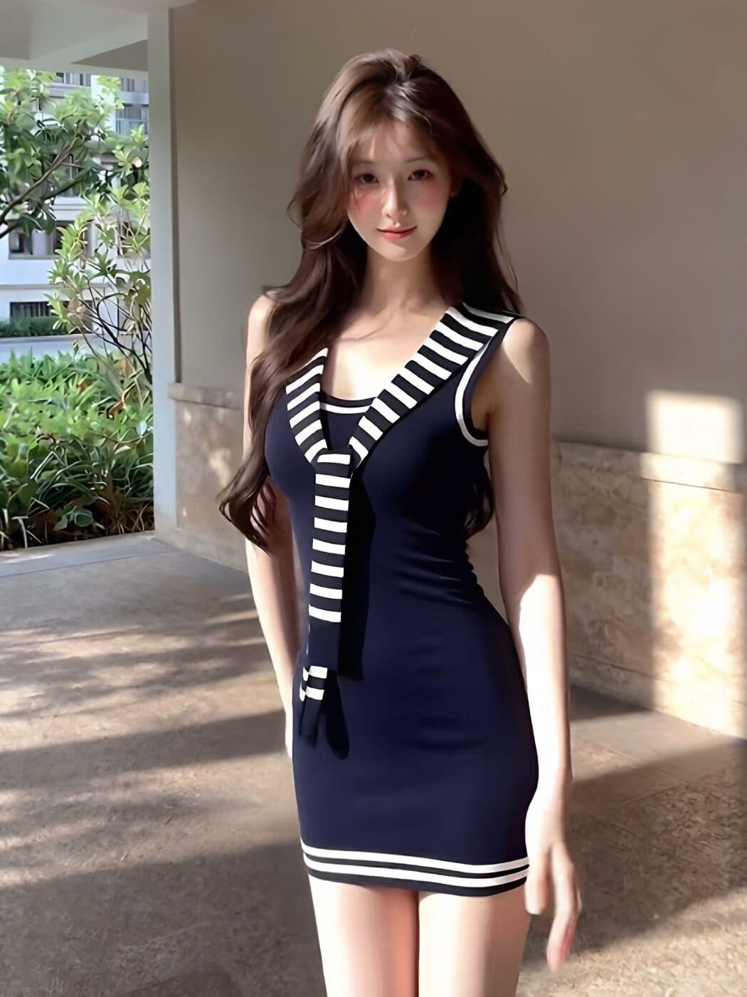 한 부서 학원 스타일 스트라이프 넥타이 민소매 여성 드레스 여름 새로운 몸매 가꾸기 슬림해 보이는 연령 감소 다용도 타이트 스커트 이미지 3