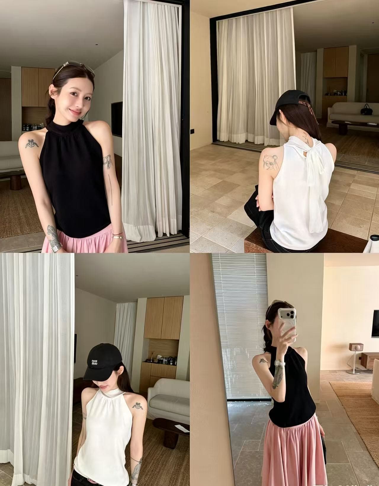 리본 스탠드 칼라 패치워크 행침 목 민소매 조끼 여성 여름 캐주얼 바람 몸매 가꾸기 슬림해 보이는 오프숄더 맨위 이미지 2