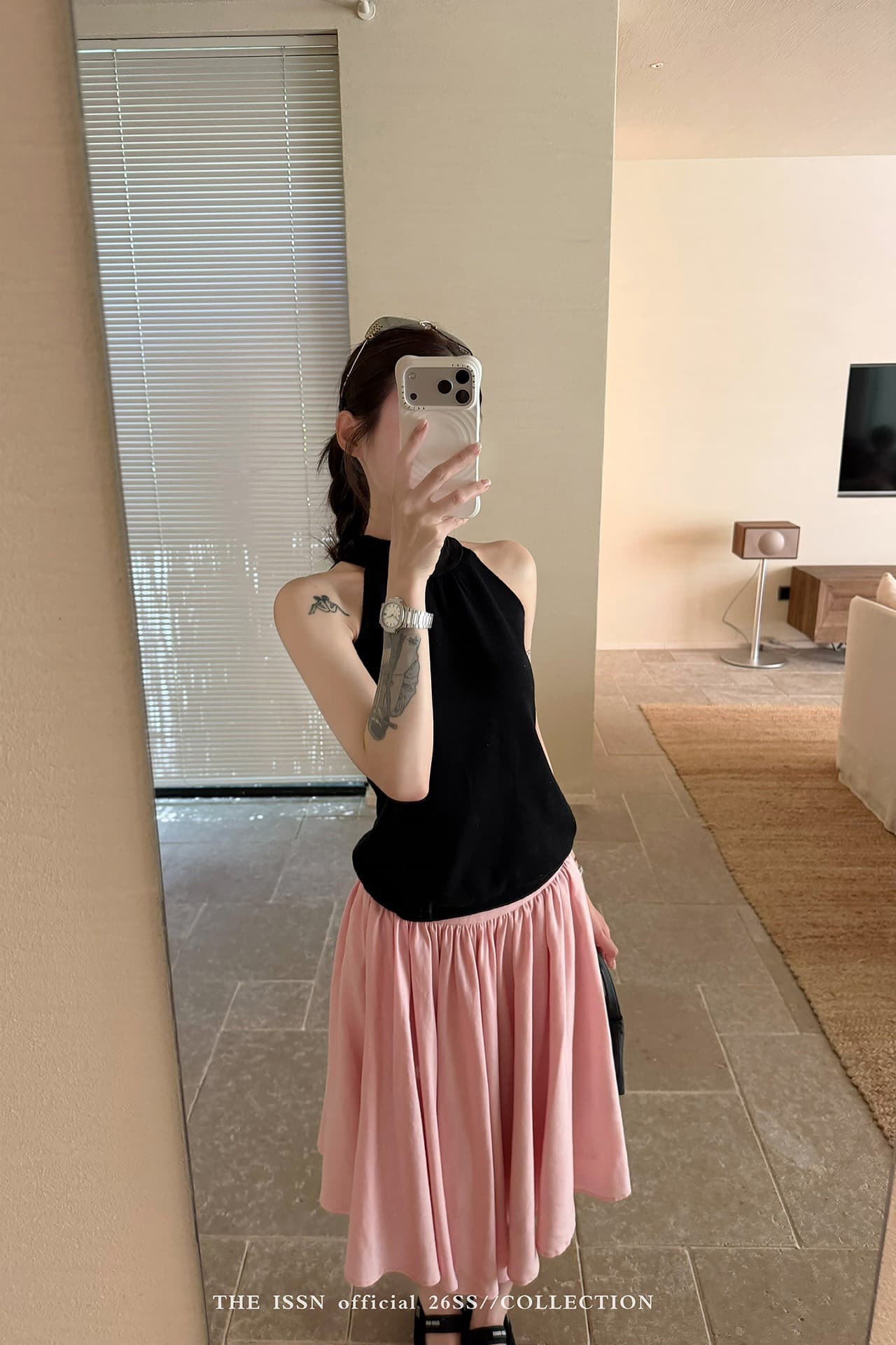 리본 스탠드 칼라 패치워크 행침 목 민소매 조끼 여성 여름 캐주얼 바람 몸매 가꾸기 슬림해 보이는 오프숄더 맨위 이미지 7